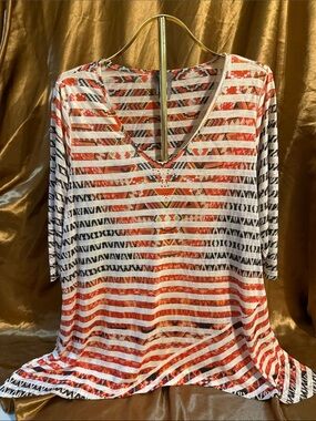 new directions Striped V-Neck 3/4 Sleeve Top in Red, Black, White asymmetrical